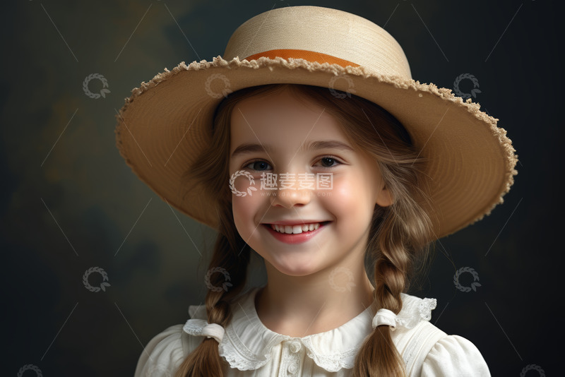 高清大图下载【趣麦麦图】戴草帽微笑的小女孩肖像