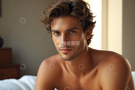 高清大图下载【趣麦麦图】卧室中半身赤裸的年轻男性