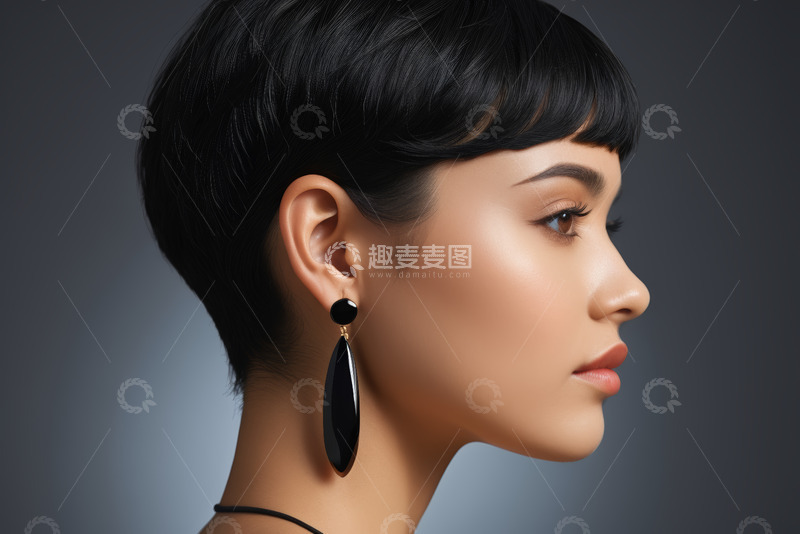 高清大图下载【趣麦麦图】佩戴黑色耳环的女性侧脸