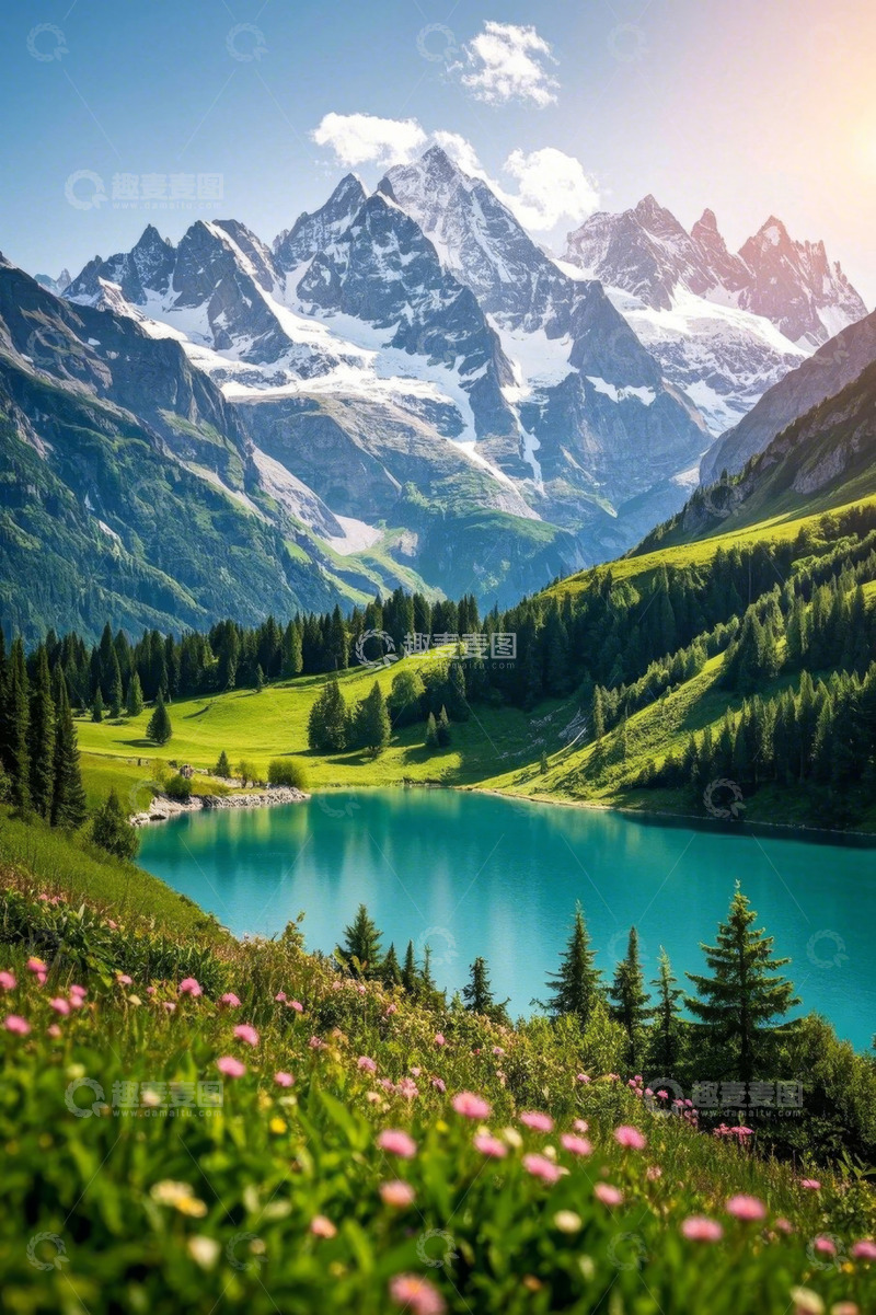 高清大图下载【趣麦麦图】雪山下的湖泊与山林风光