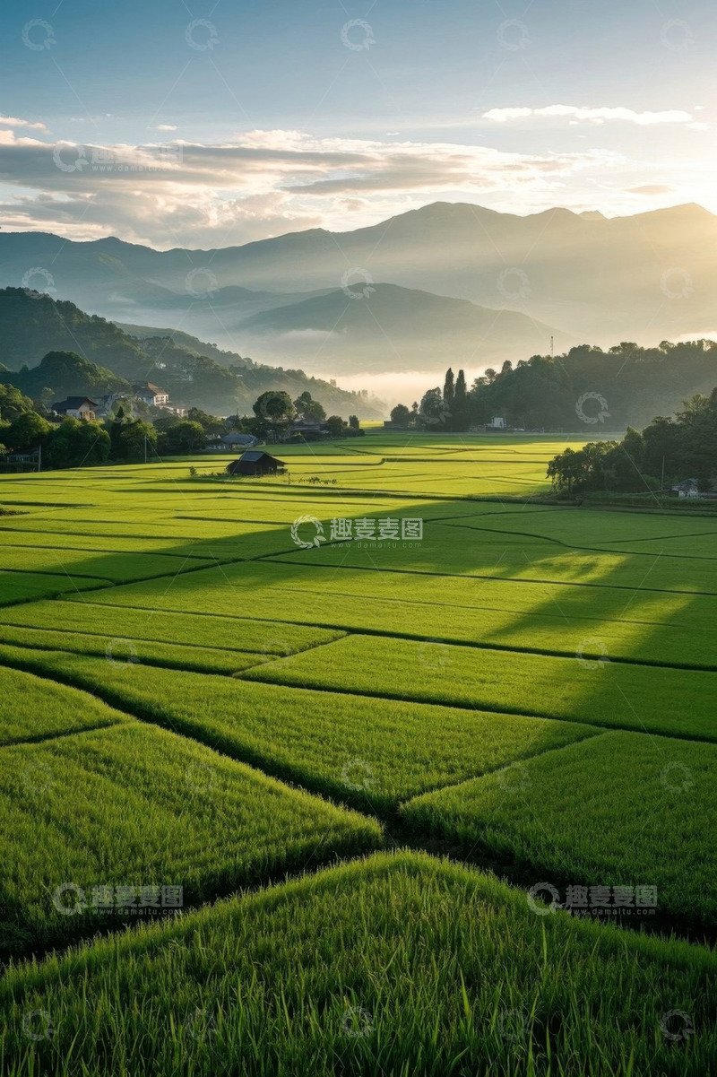 高清大图下载【趣麦麦图】田园风光下的绿色稻田