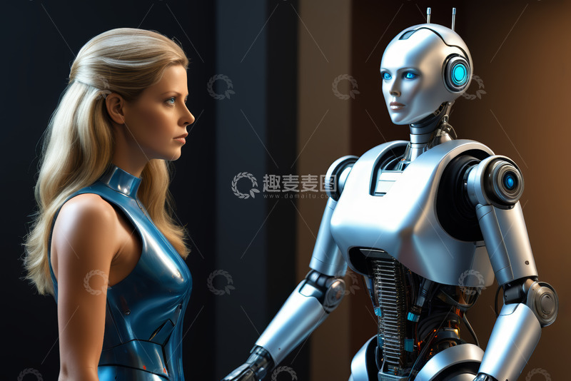 高清大图下载【趣麦麦图】女性与机器人对视场景