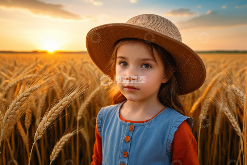 高清大图下载【趣麦麦图】麦田中的戴帽小女孩