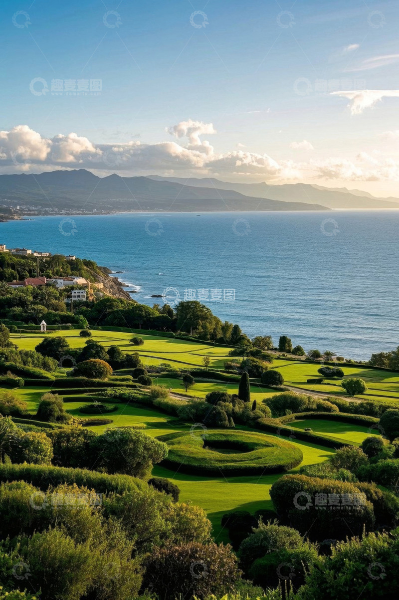 高清大图下载【趣麦麦图】海岸边修剪整齐的绿植景观