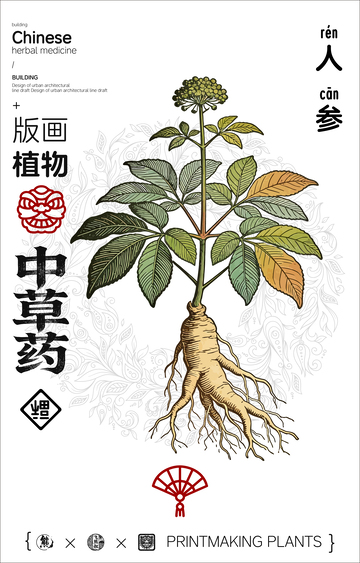 人参中草药线稿版画海报