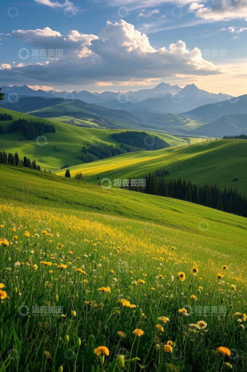 高清大图下载【趣麦麦图】绿色草原与远处山峦风景