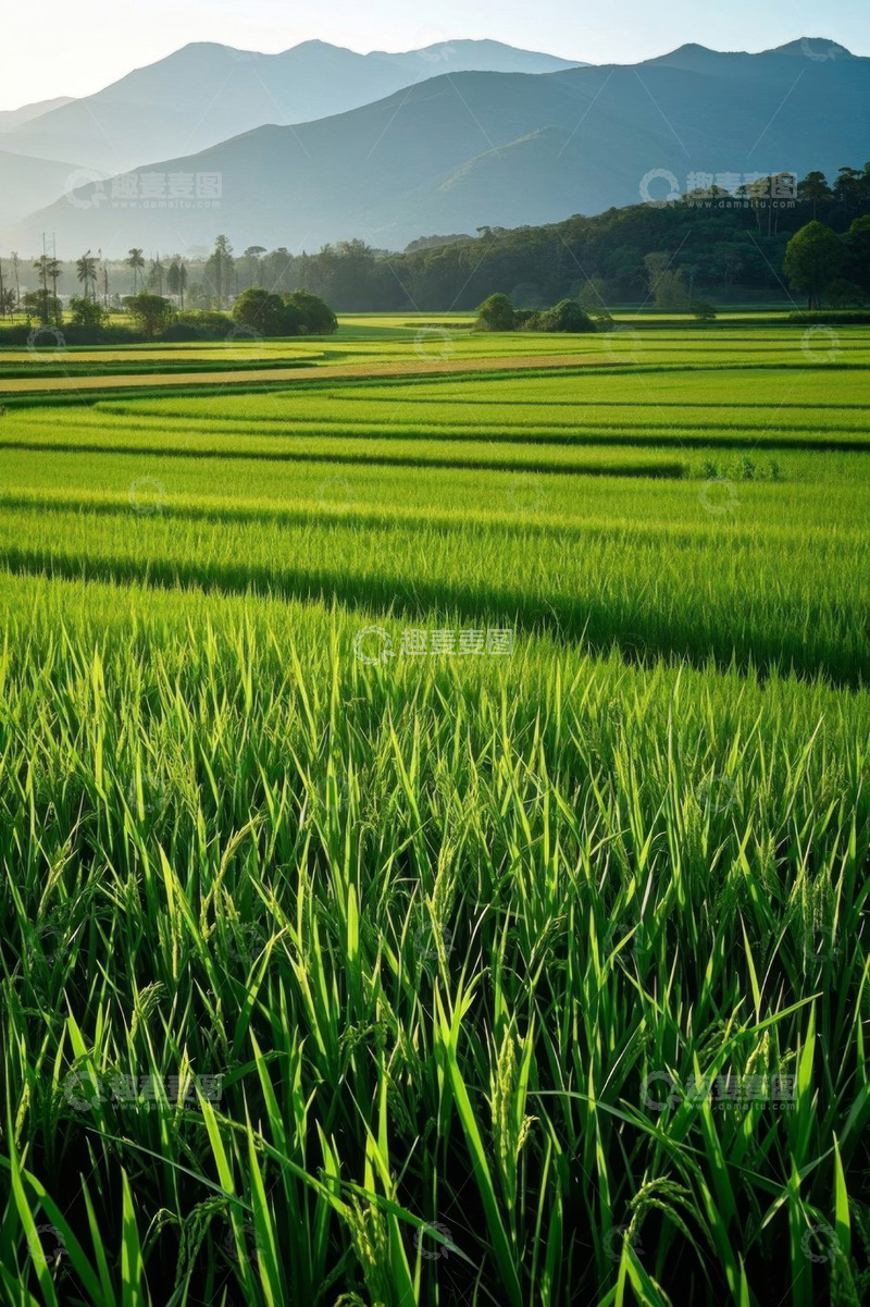 高清大图下载【趣麦麦图】田园绿色稻田与远山风景