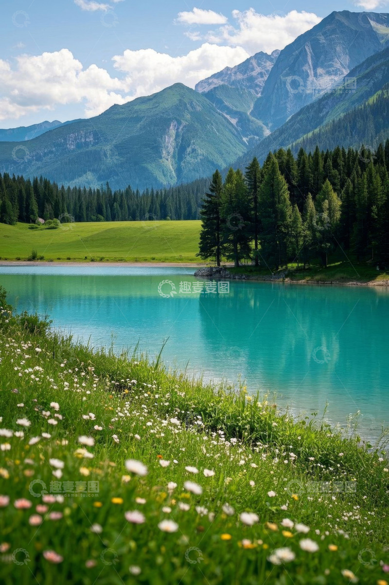 高清大图下载【趣麦麦图】山间湖泊与草地花卉景观