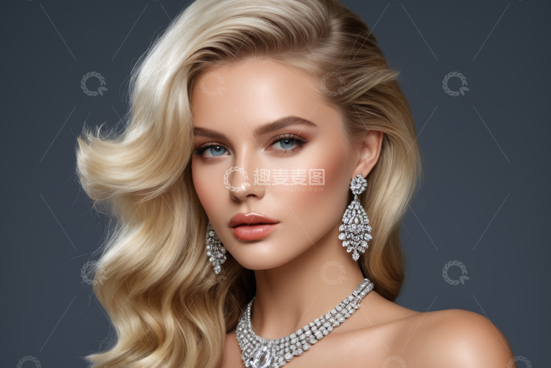 高清大图下载【趣麦麦图】佩戴珠宝首饰的金发女子肖像
