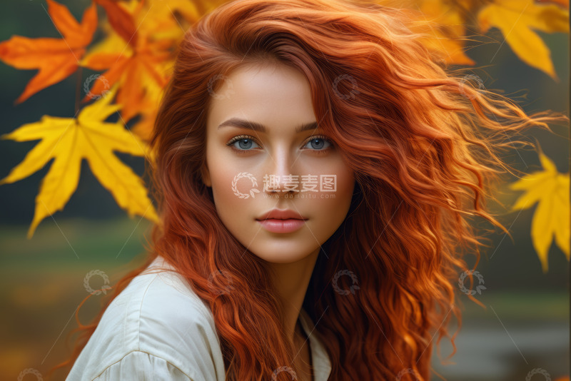 高清大图下载【趣麦麦图】红发女子秋季户外肖像