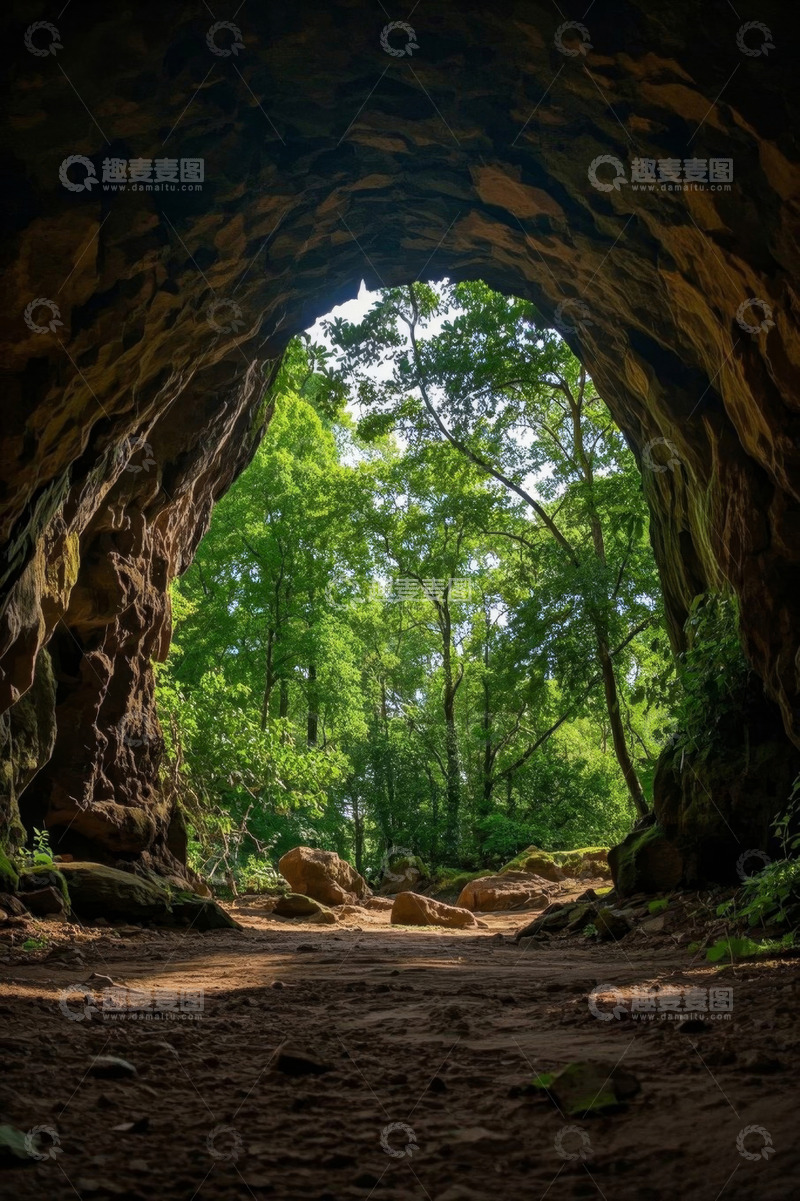 高清大图下载【趣麦麦图】洞穴外绿意盎然的森林景象
