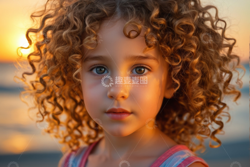 高清大图下载【趣麦麦图】海边卷发小女孩特写