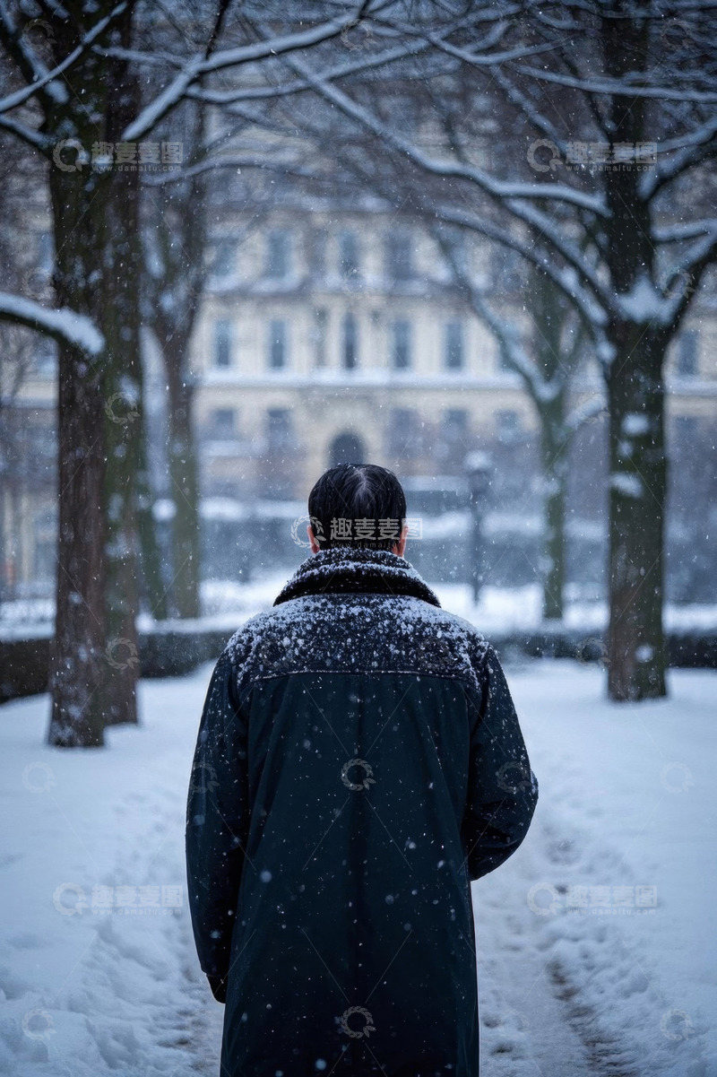 高清大图下载【趣麦麦图】男子雪中漫步街道