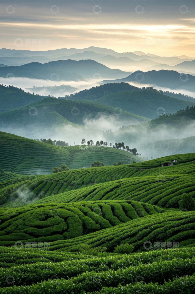 高清大图下载【趣麦麦图】山间云雾缭绕的茶园风光