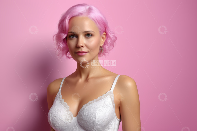 高清大图下载【趣麦麦图】粉色头发女性身着白色内衣肖像