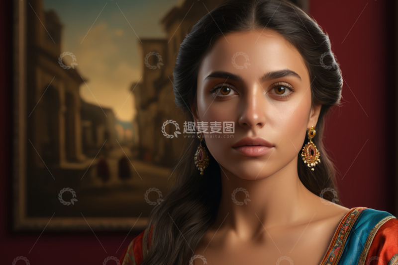 高清大图下载【趣麦麦图】佩戴华丽耳环的女子肖像