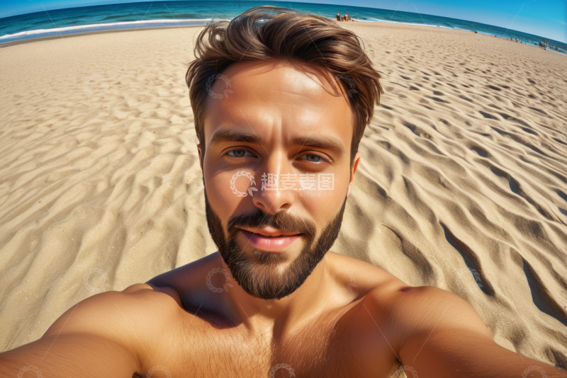 高清大图下载【趣麦麦图】海滩上赤膊男子的自拍