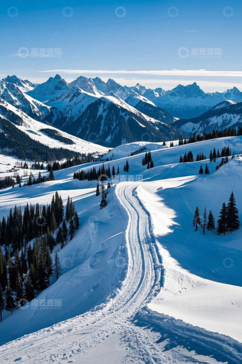 高清大图下载【趣麦麦图】雪山间雪道与松林风景