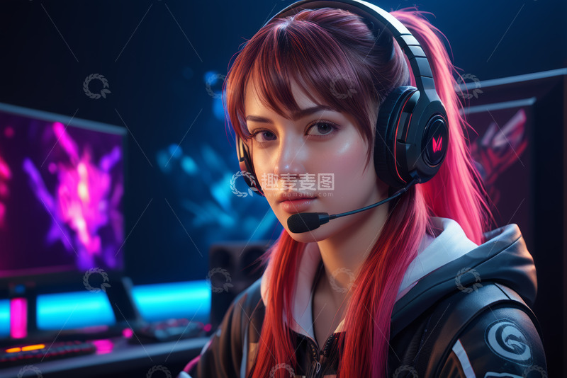 高清大图下载【趣麦麦图】戴耳机女性专注玩游戏