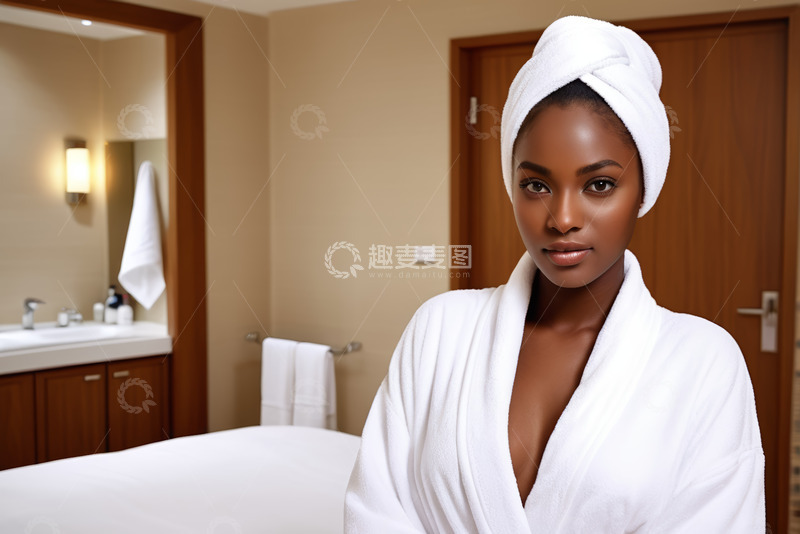高清大图下载【趣麦麦图】裹浴巾穿浴袍的非洲裔女性