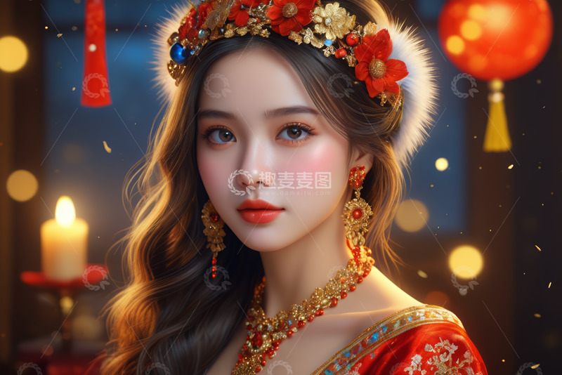 高清大图下载【趣麦麦图】佩戴中式头饰的女子肖像