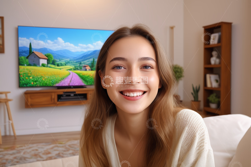 高清大图下载【趣麦麦图】室内沙发上微笑的女性与电视