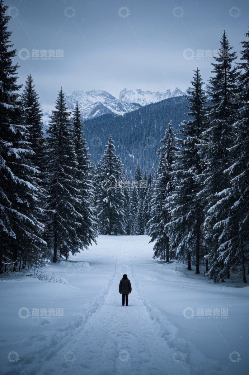 高清大图下载【趣麦麦图】人在雪覆森林中独自行走