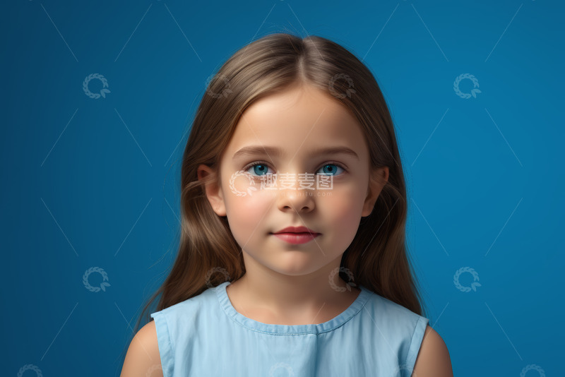 高清大图下载【趣麦麦图】蓝背景前的小女孩肖像