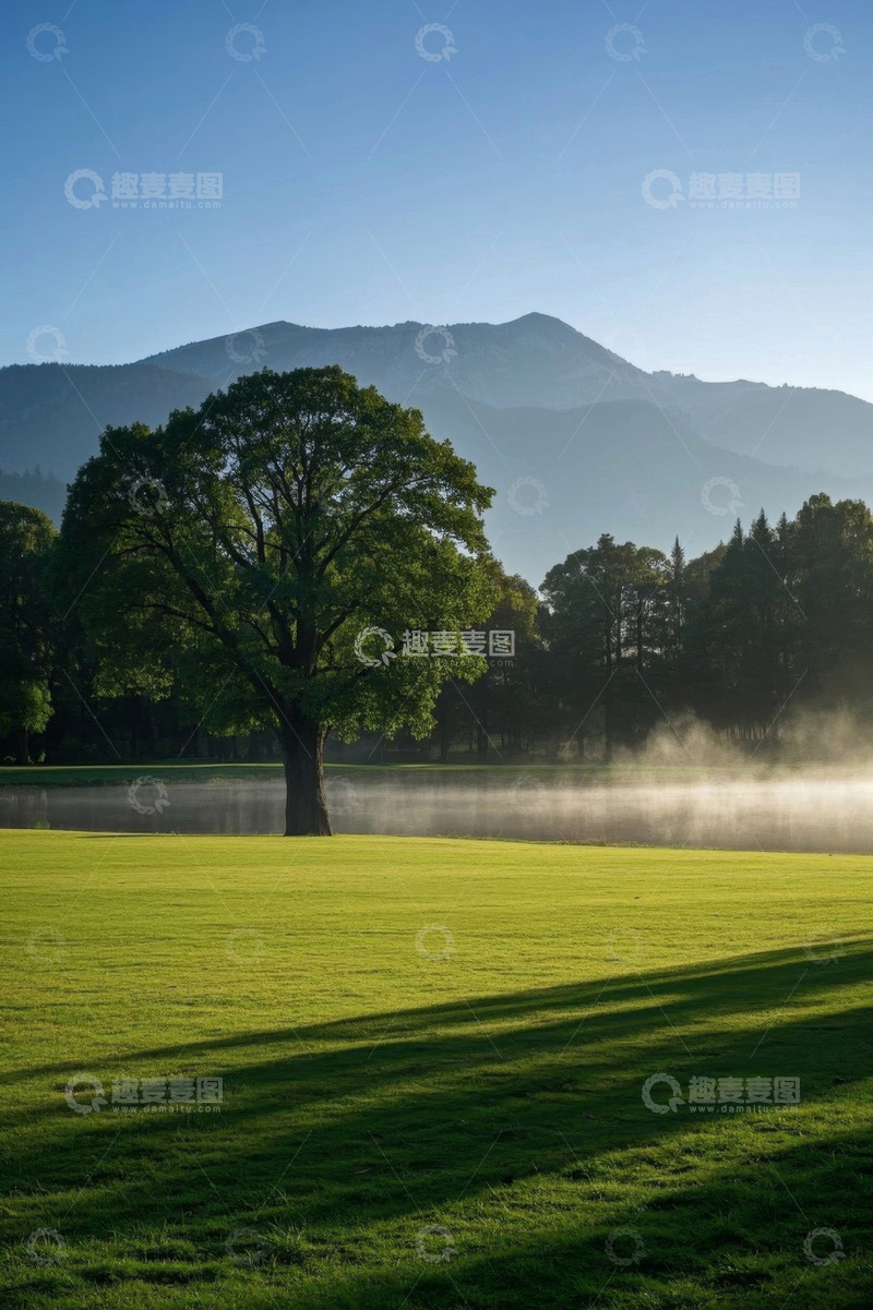高清大图下载【趣麦麦图】户外草地大树远山自然风光