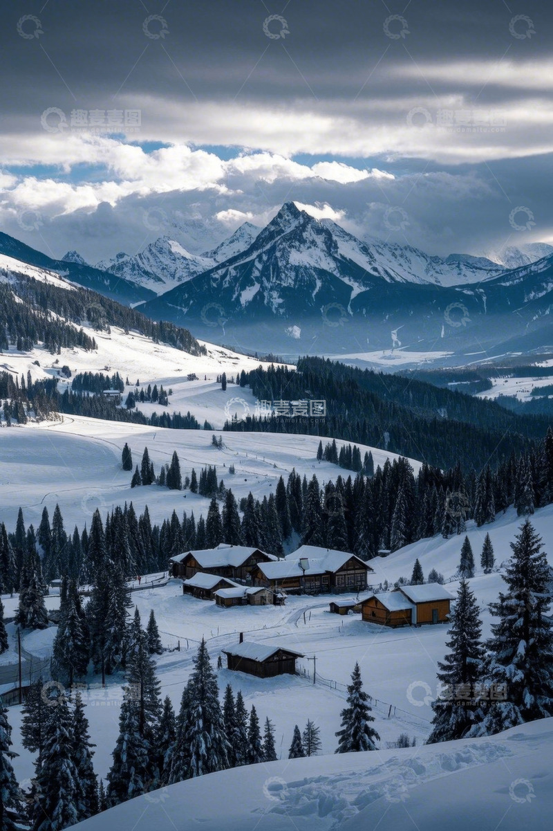 高清大图下载【趣麦麦图】雪山下的森林与木屋景观