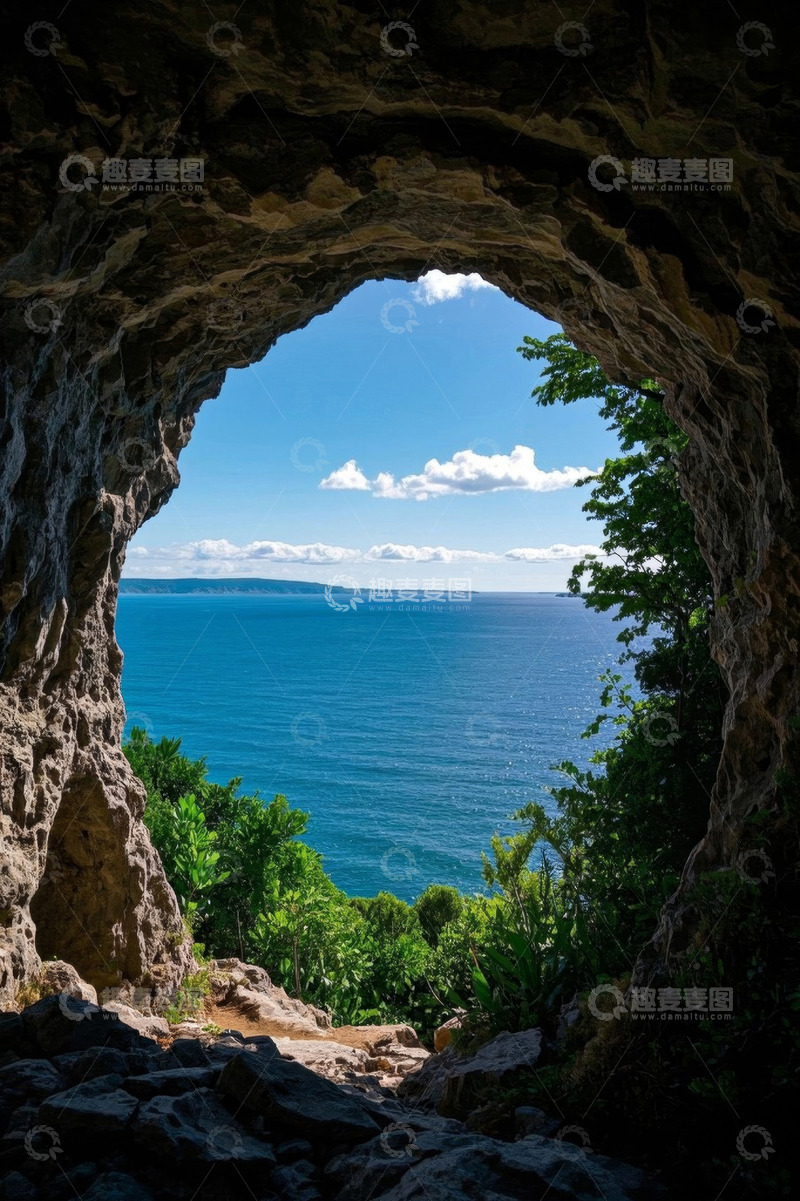 高清大图下载【趣麦麦图】洞穴口眺望蓝色海洋景观