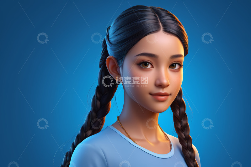 高清大图下载【趣麦麦图】双麻花辫女孩特写