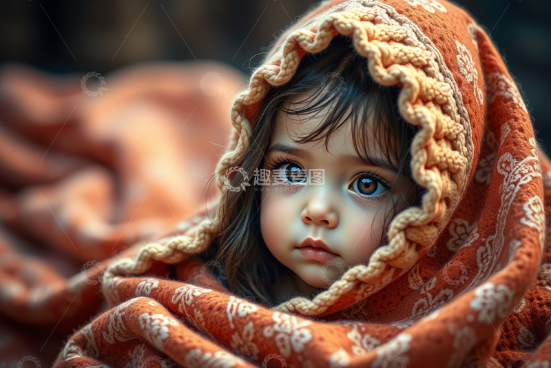 高清大图下载【趣麦麦图】裹着毯子的小女孩特写