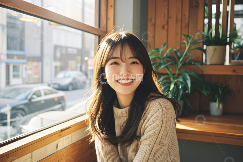 高清大图下载【趣麦麦图】窗边微笑的年轻女性
