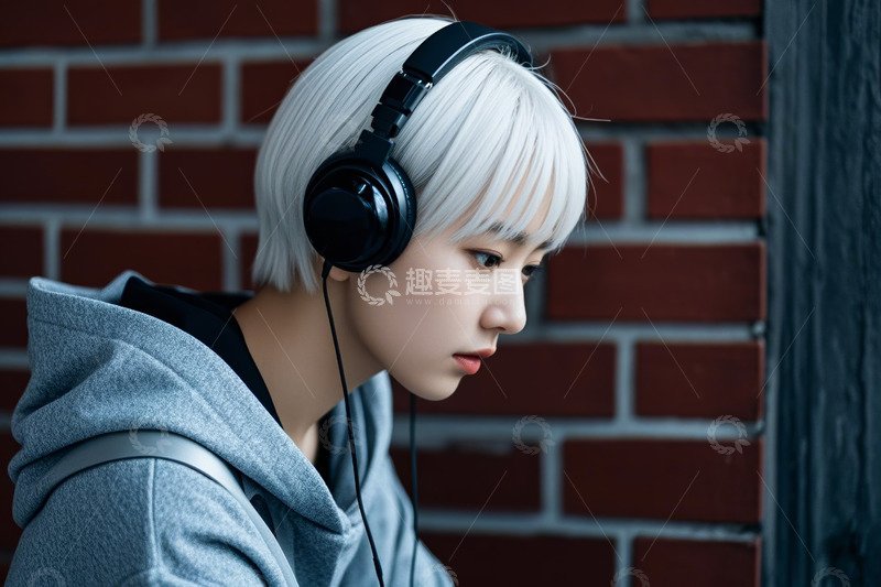高清大图下载【趣麦麦图】戴耳机的青年女性侧面肖像