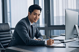 商务男士办公桌前工作场景