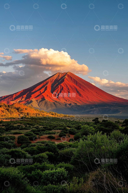 夕阳下的红色山峰与绿植景观
