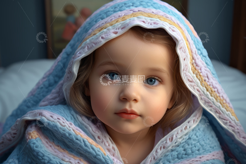 高清大图下载【趣麦麦图】裹毛毯的小女孩特写