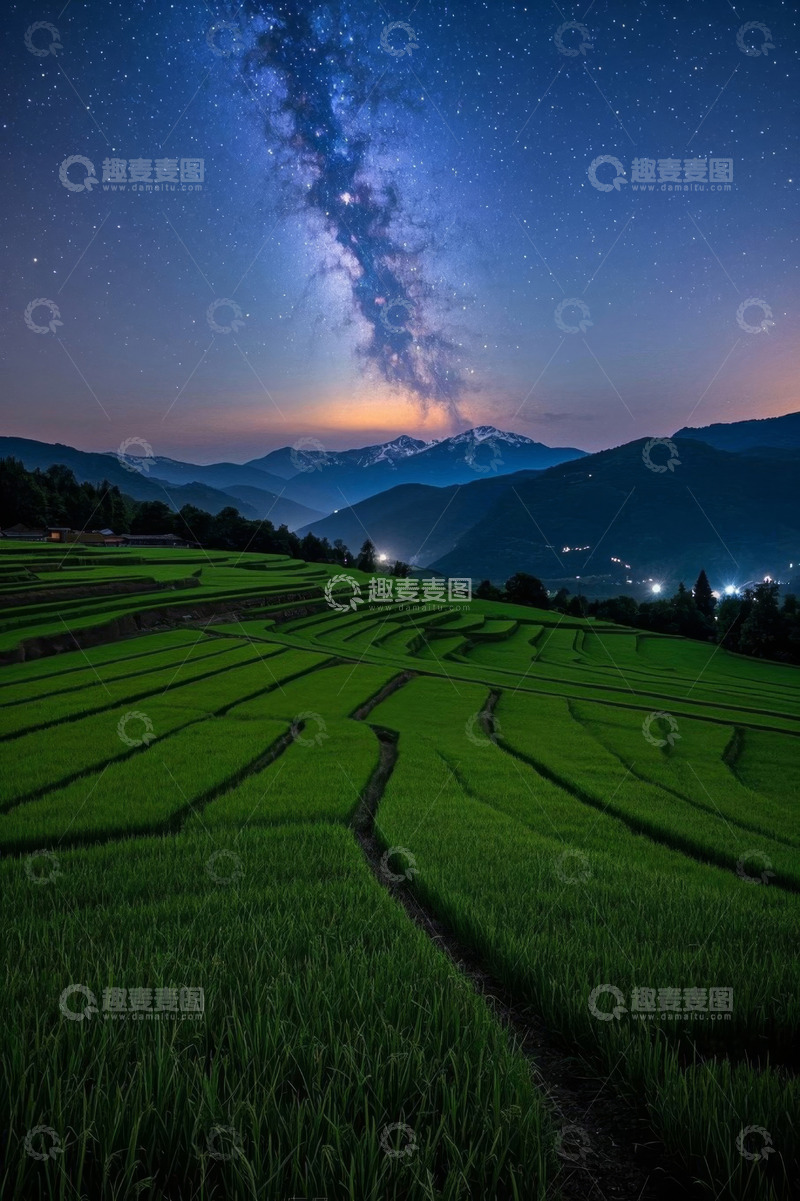 高清大图下载【趣麦麦图】星空下的梯田与远山夜景