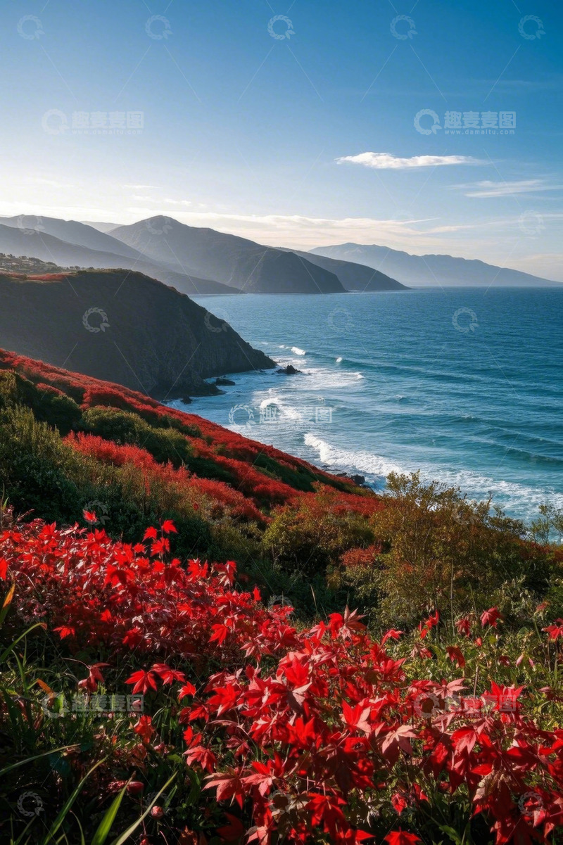 高清大图下载【趣麦麦图】海岸边盛开的红色植物与海景