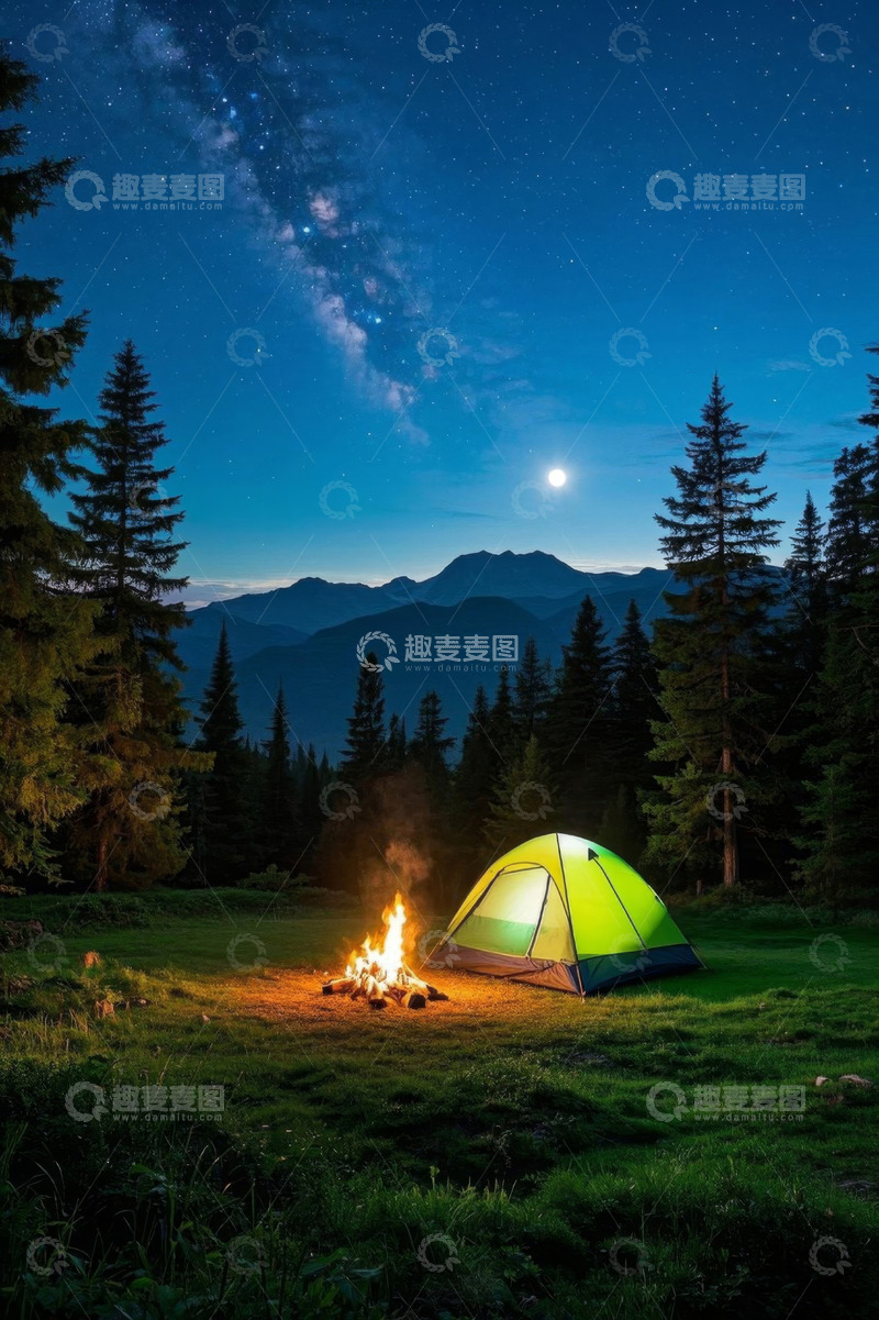 高清大图下载【趣麦麦图】山林间月夜露营场景