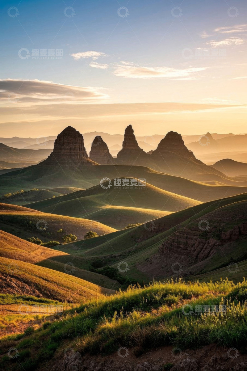 高清大图下载【趣麦麦图】夕阳下连绵山丘与独特山峰