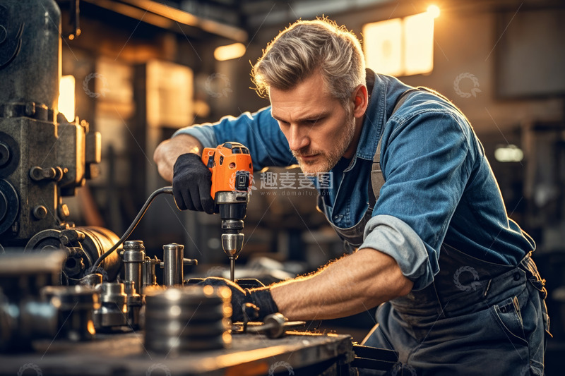 高清大图下载【趣麦麦图】工人在车间使用电钻作业