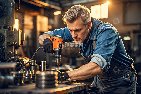 工人在车间使用电钻作业