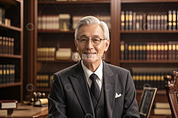 西装老人于书房微笑端坐