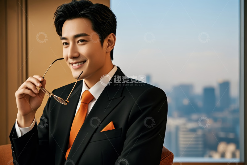 高清大图下载【趣麦麦图】商务男士手持眼镜微笑特写