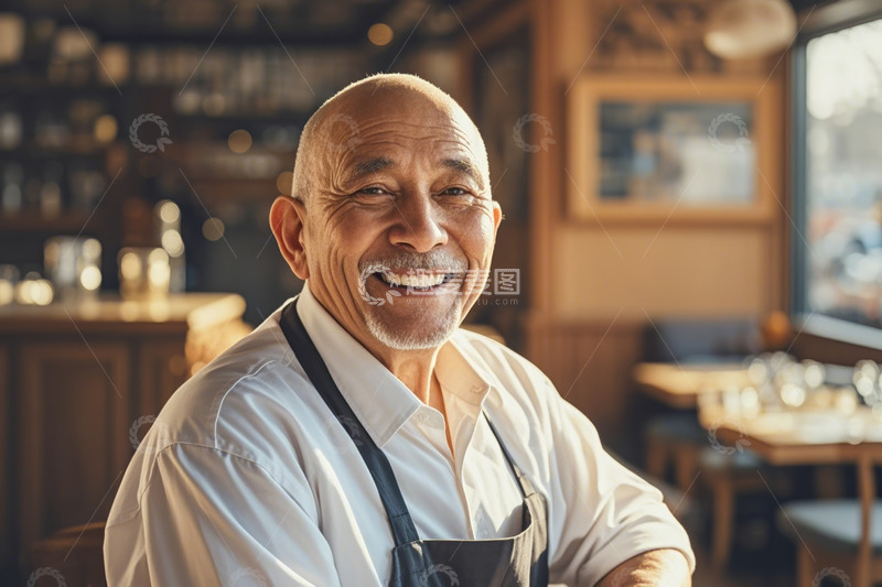 高清大图下载【趣麦麦图】餐厅内微笑的老年男性服务员