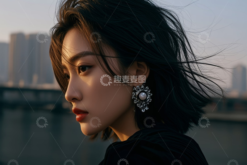 高清大图下载【趣麦麦图】城市河畔女性侧脸肖像