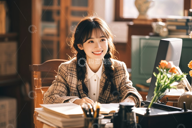 高清大图下载【趣麦麦图】青年女子桌前办公微笑画面