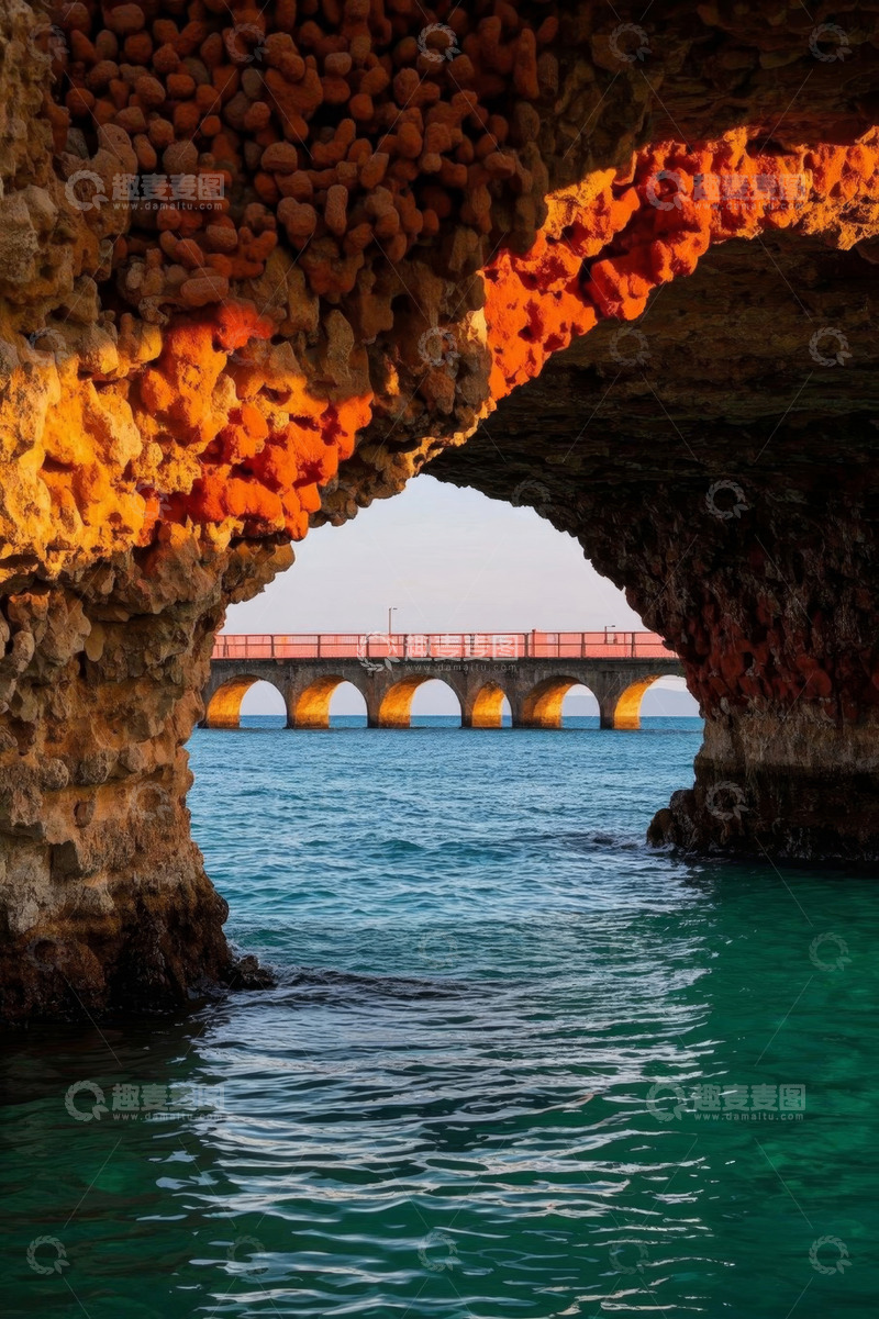 高清大图下载【趣麦麦图】海边岩洞与跨海桥梁景观